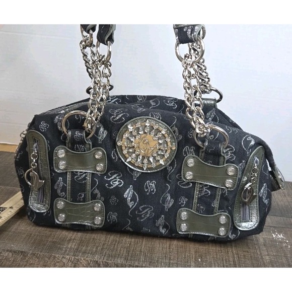 Baby Phat Handbags - Vtg BabyPhat Y2K Black Shoulder Purse Medallion Metallic Chains Charm 129-050273